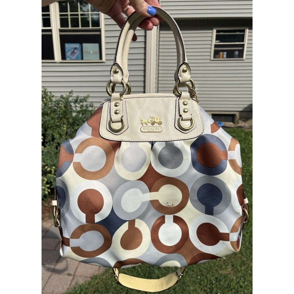 Coach 12960 Op Art Print Satchel Crossbody Shoulder Bag Ivory Blue Brown Y2K